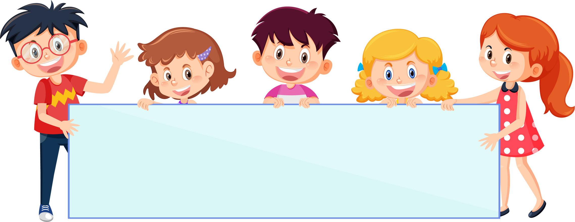Children with blank board in cartoon style